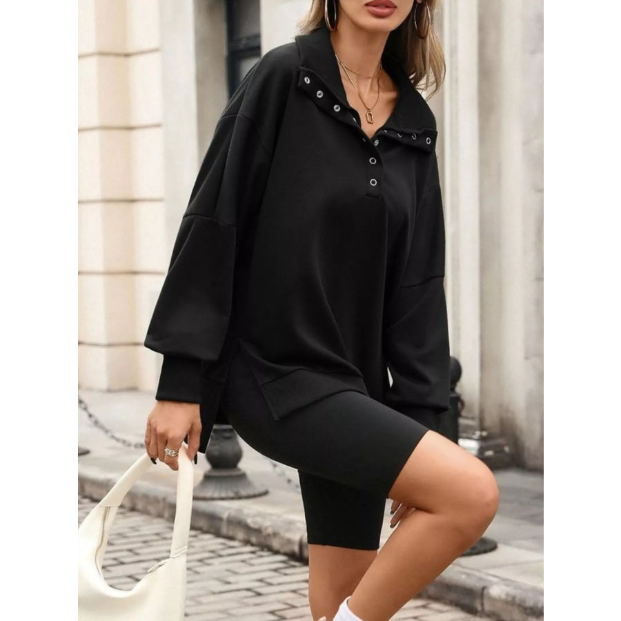 Side Slit Half Snap Sweatshirt Black / S Apparel and Accessories