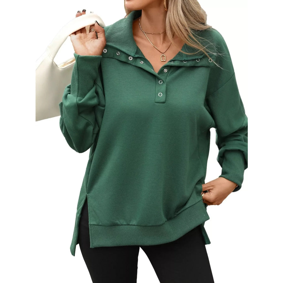 Side Slit Half Snap Sweatshirt Dark Green / S Apparel and Accessories