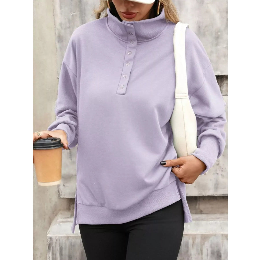 Side Slit Half Snap Sweatshirt Purple / S Apparel and Accessories