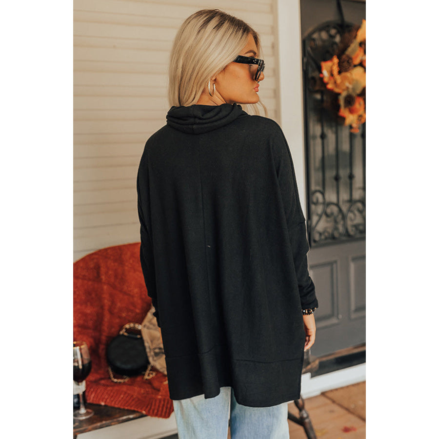 Side Slit High-Low Cowl Neck Long Sleeve Blouse Apparel and Accessories