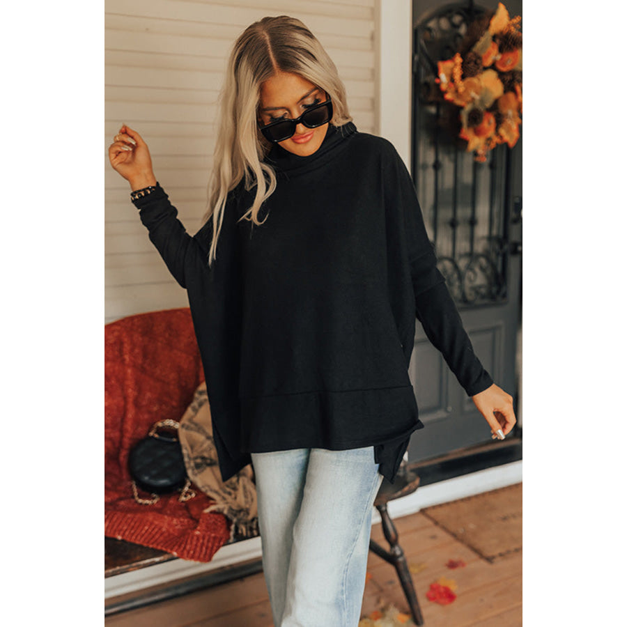 Side Slit High-Low Cowl Neck Long Sleeve Blouse Apparel and Accessories