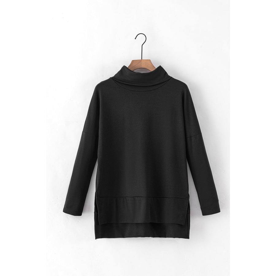 Side Slit High-Low Cowl Neck Long Sleeve Blouse Apparel and Accessories