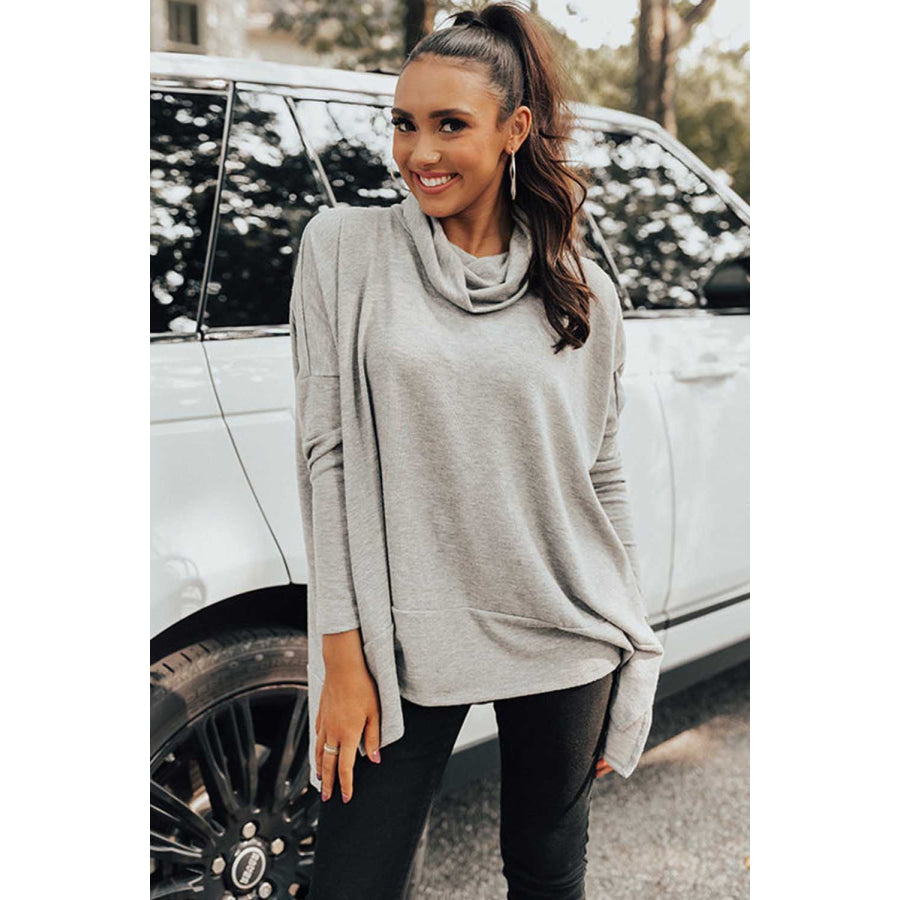 Side Slit High-Low Cowl Neck Long Sleeve Blouse Apparel and Accessories