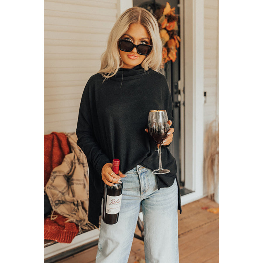 Side Slit High-Low Cowl Neck Long Sleeve Blouse Apparel and Accessories