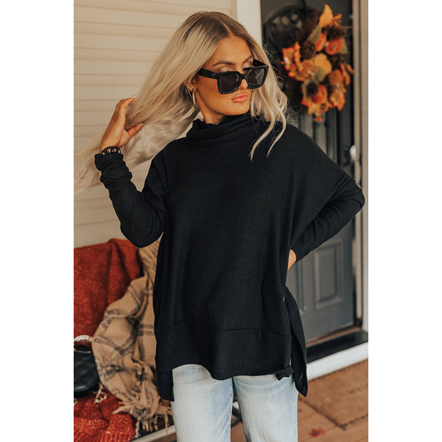 Side Slit High-Low Cowl Neck Long Sleeve Blouse Apparel and Accessories