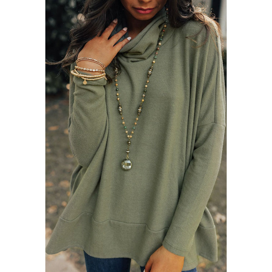 Side Slit High-Low Cowl Neck Long Sleeve Blouse Apparel and Accessories