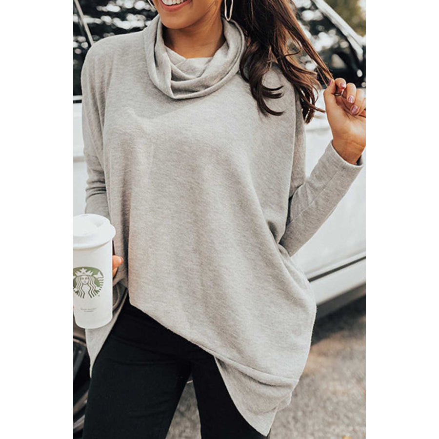 Side Slit High-Low Cowl Neck Long Sleeve Blouse Apparel and Accessories