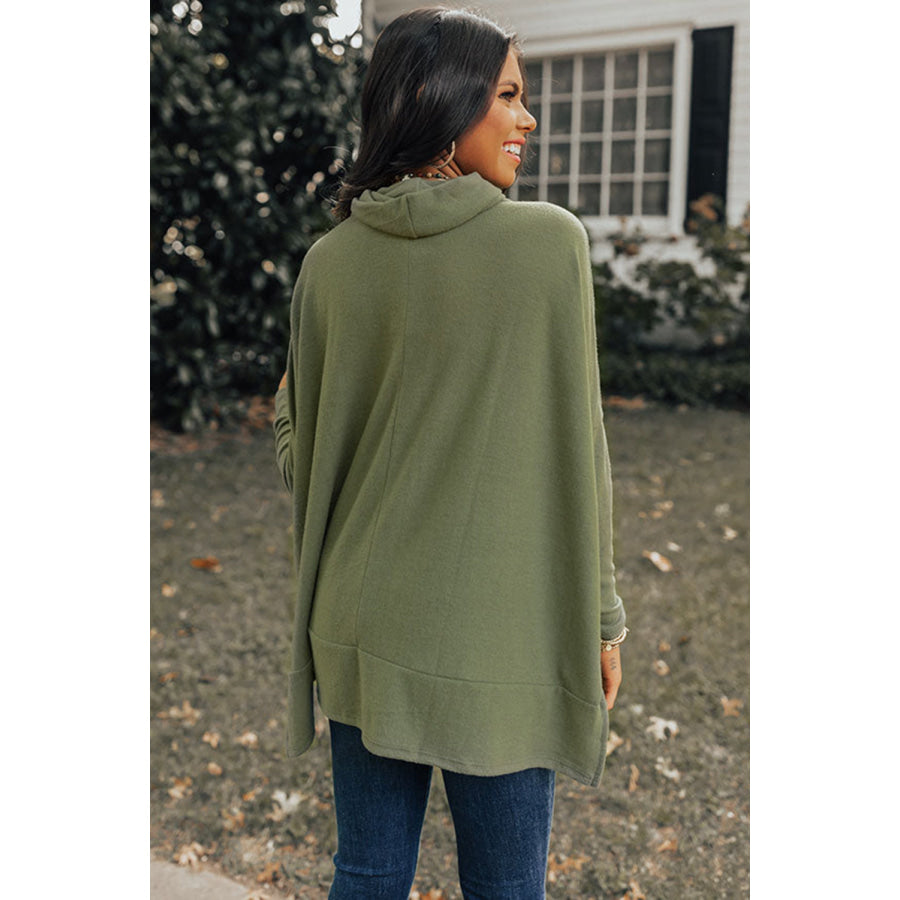 Side Slit High-Low Cowl Neck Long Sleeve Blouse Apparel and Accessories