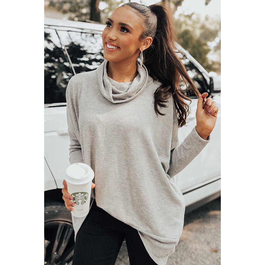 Side Slit High-Low Cowl Neck Long Sleeve Blouse Apparel and Accessories