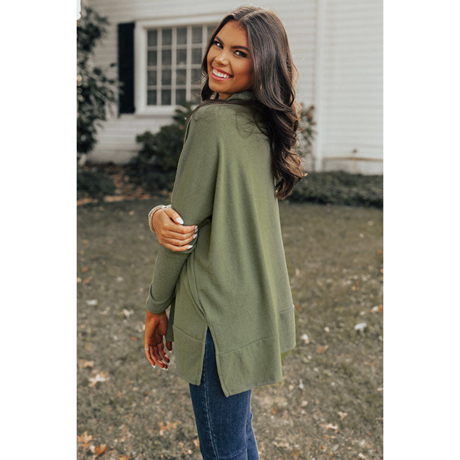 Side Slit High-Low Cowl Neck Long Sleeve Blouse Apparel and Accessories