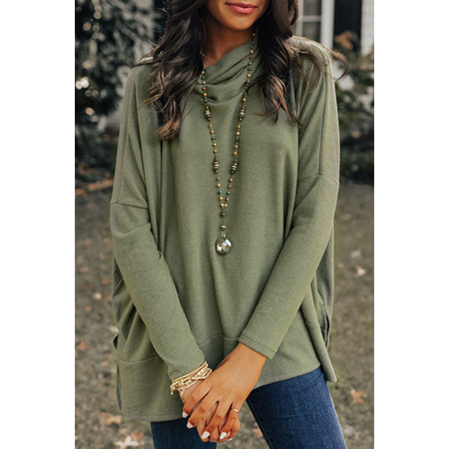 Side Slit High-Low Cowl Neck Long Sleeve Blouse Army Green / S Apparel and Accessories