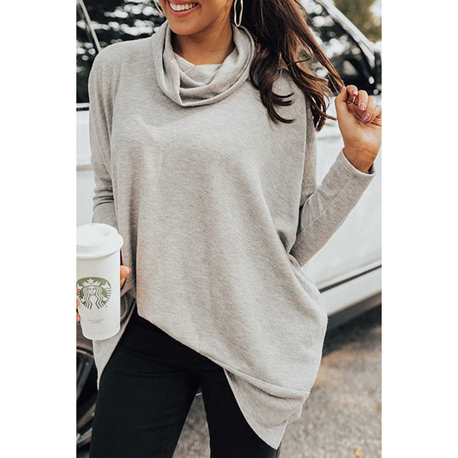 Side Slit High-Low Cowl Neck Long Sleeve Blouse Light Gray / S Apparel and Accessories