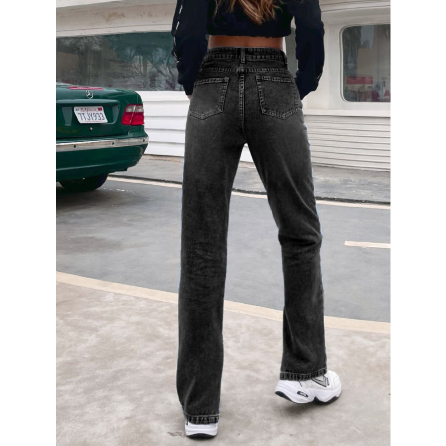 Side Slit High Waist Jeans with Pockets Black / XS Apparel and Accessories