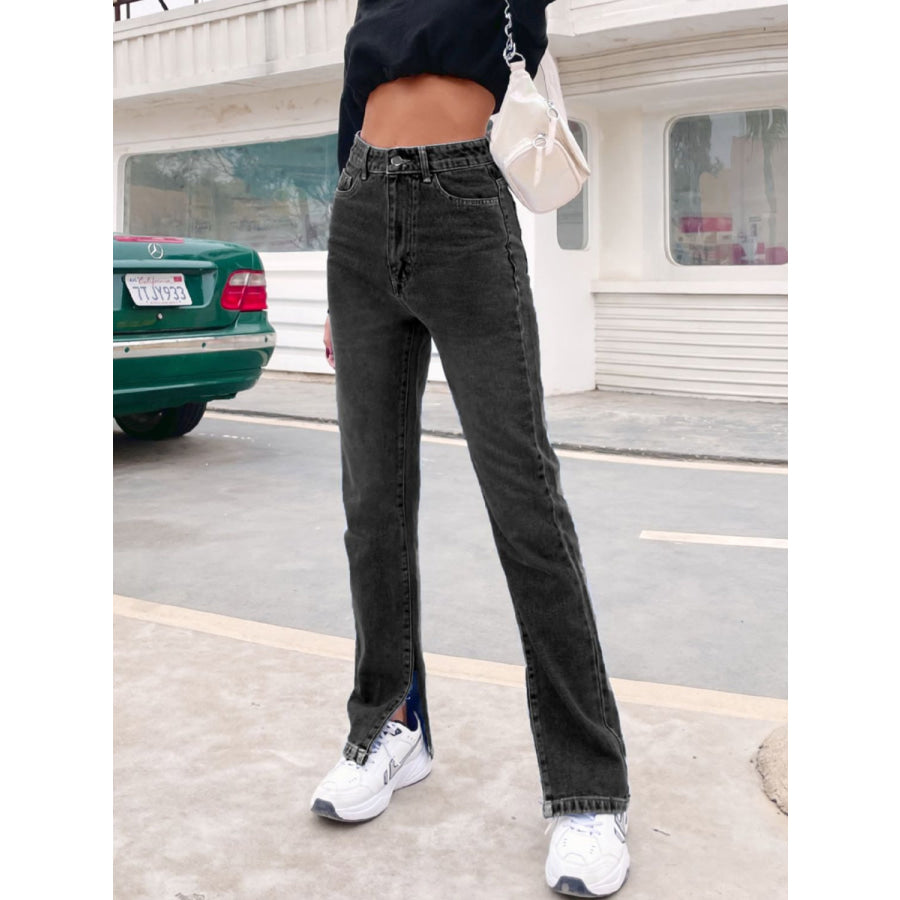 Side Slit High Waist Jeans with Pockets Black / XS Apparel and Accessories