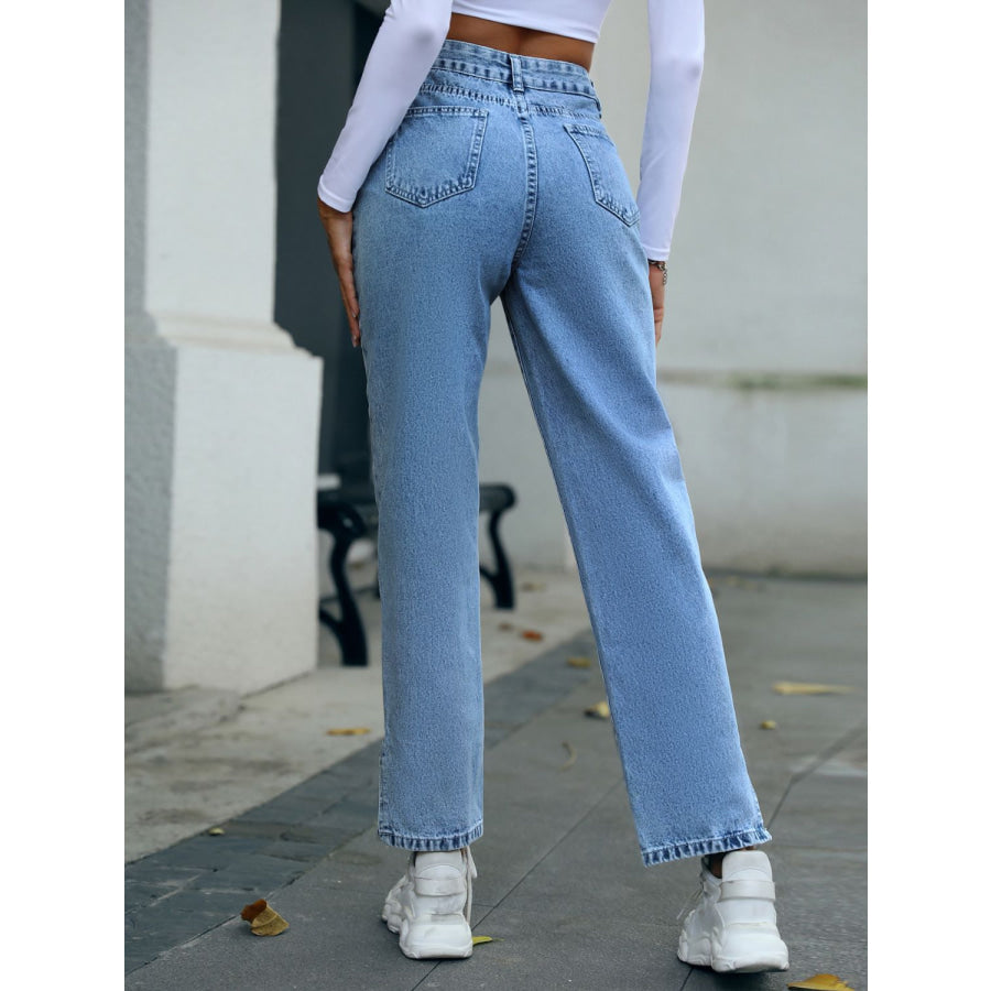 Side Slit High Waist Straight Jeans Apparel and Accessories