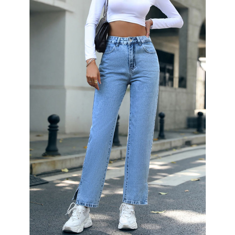 Side Slit High Waist Straight Jeans Apparel and Accessories