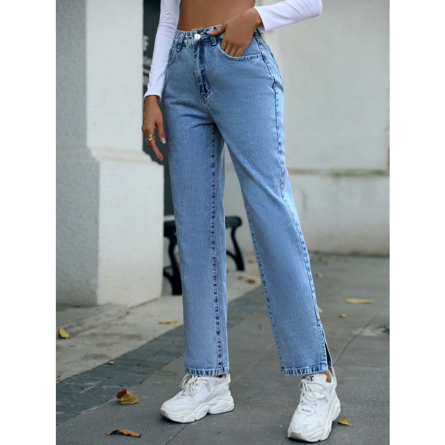 Side Slit High Waist Straight Jeans Apparel and Accessories