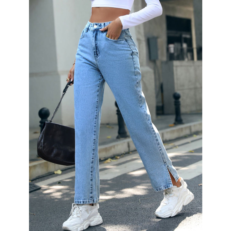 Side Slit High Waist Straight Jeans Apparel and Accessories