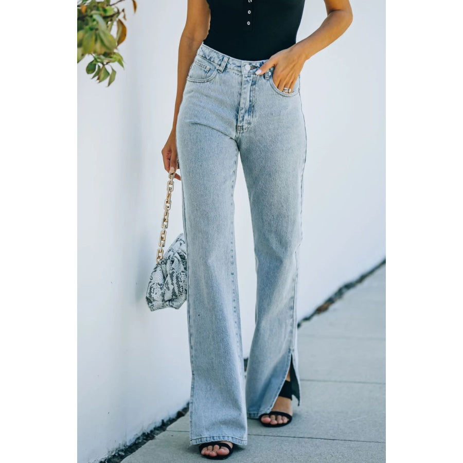 Side Slit Jeans with Pockets Apparel and Accessories