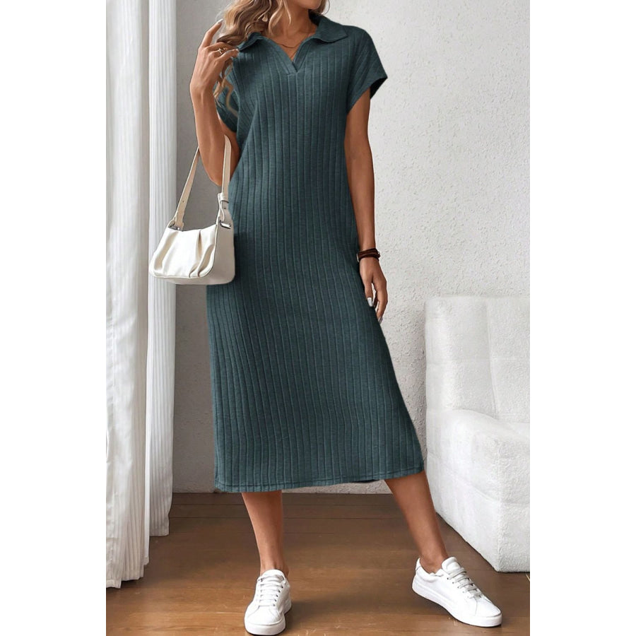 Side Slit Johnny Collar Short Sleeve Midi Dress Apparel and Accessories