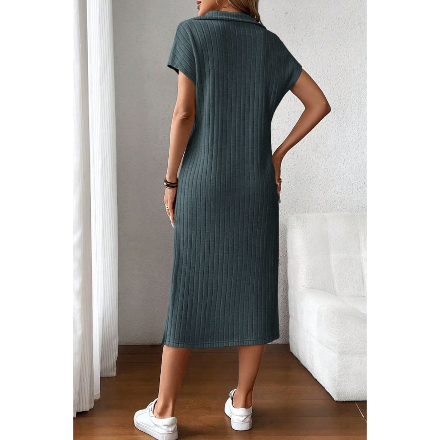 Side Slit Johnny Collar Short Sleeve Midi Dress Apparel and Accessories