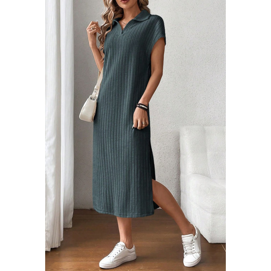 Side Slit Johnny Collar Short Sleeve Midi Dress Apparel and Accessories