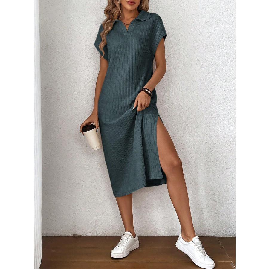 Side Slit Johnny Collar Short Sleeve Midi Dress Apparel and Accessories