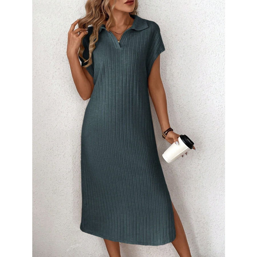 Side Slit Johnny Collar Short Sleeve Midi Dress Deep Teal / S Apparel and Accessories