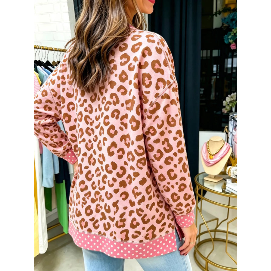 Side Slit Leopard Sweatshirt with Polka Dot Trim Apparel and Accessories