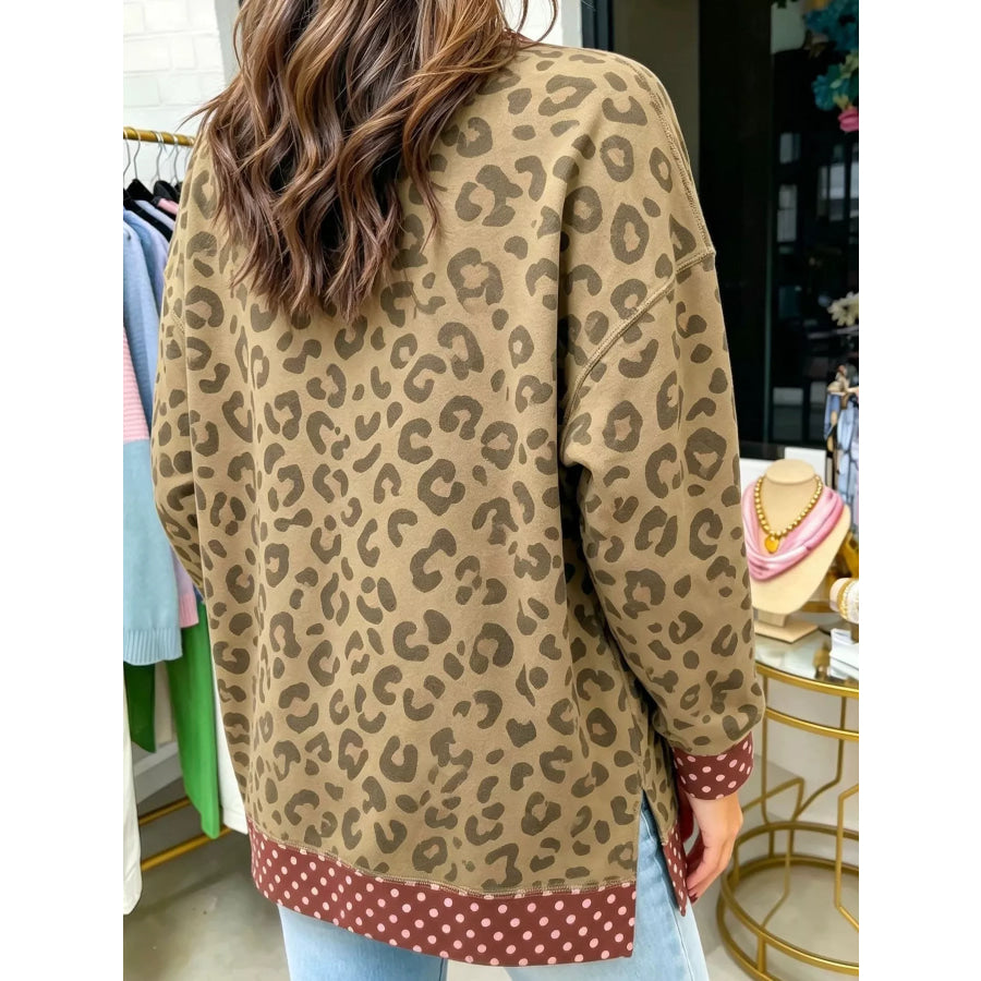 Side Slit Leopard Sweatshirt with Polka Dot Trim Apparel and Accessories