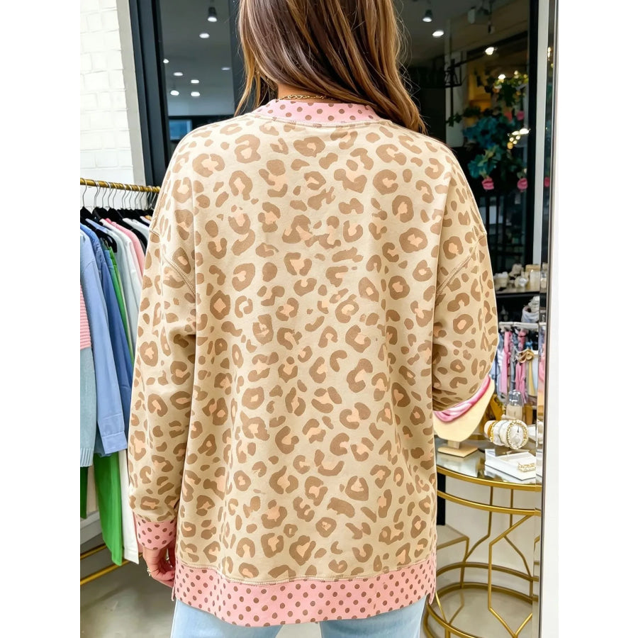 Side Slit Leopard Sweatshirt with Polka Dot Trim Apparel and Accessories