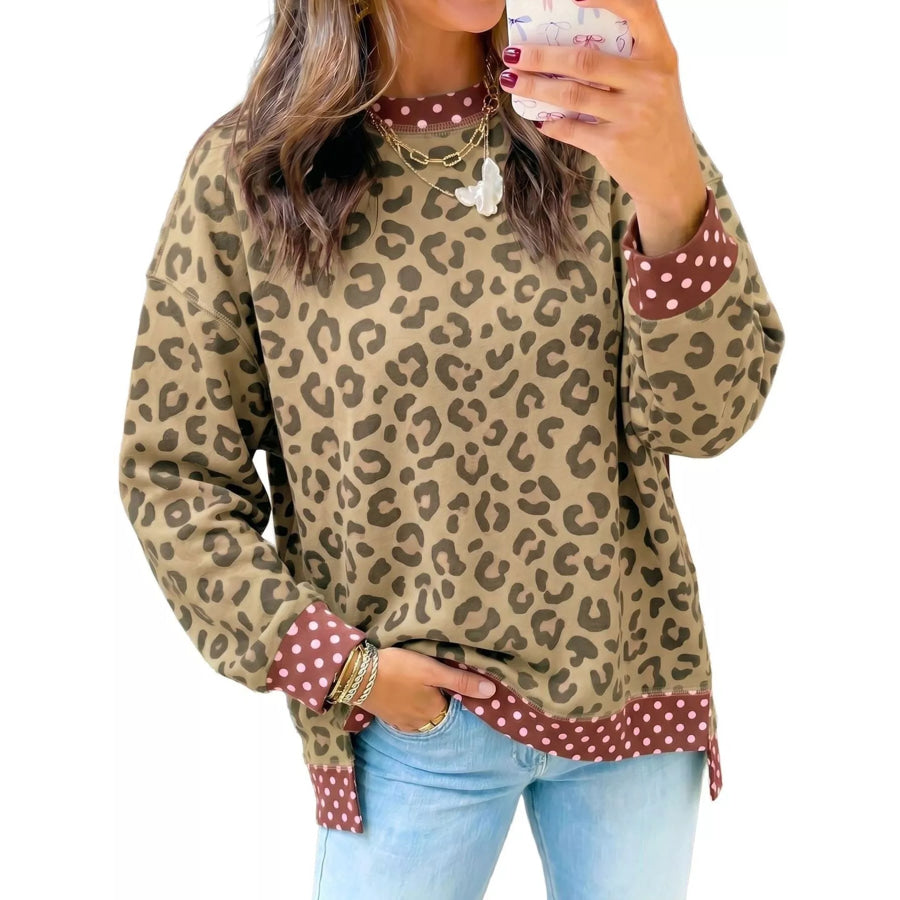 Side Slit Leopard Sweatshirt with Polka Dot Trim Brown / S Apparel and Accessories
