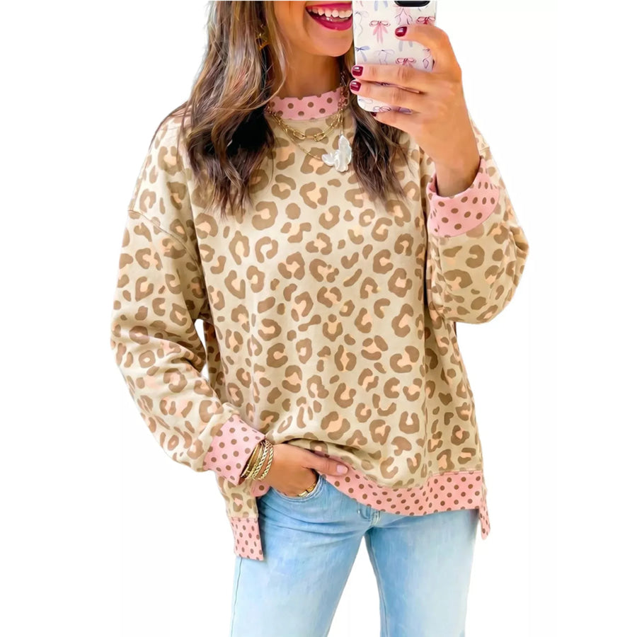 Side Slit Leopard Sweatshirt with Polka Dot Trim Khaki / S Apparel and Accessories