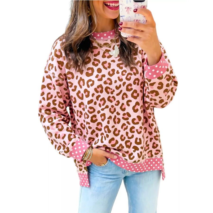Side Slit Leopard Sweatshirt with Polka Dot Trim Pink / S Apparel and Accessories