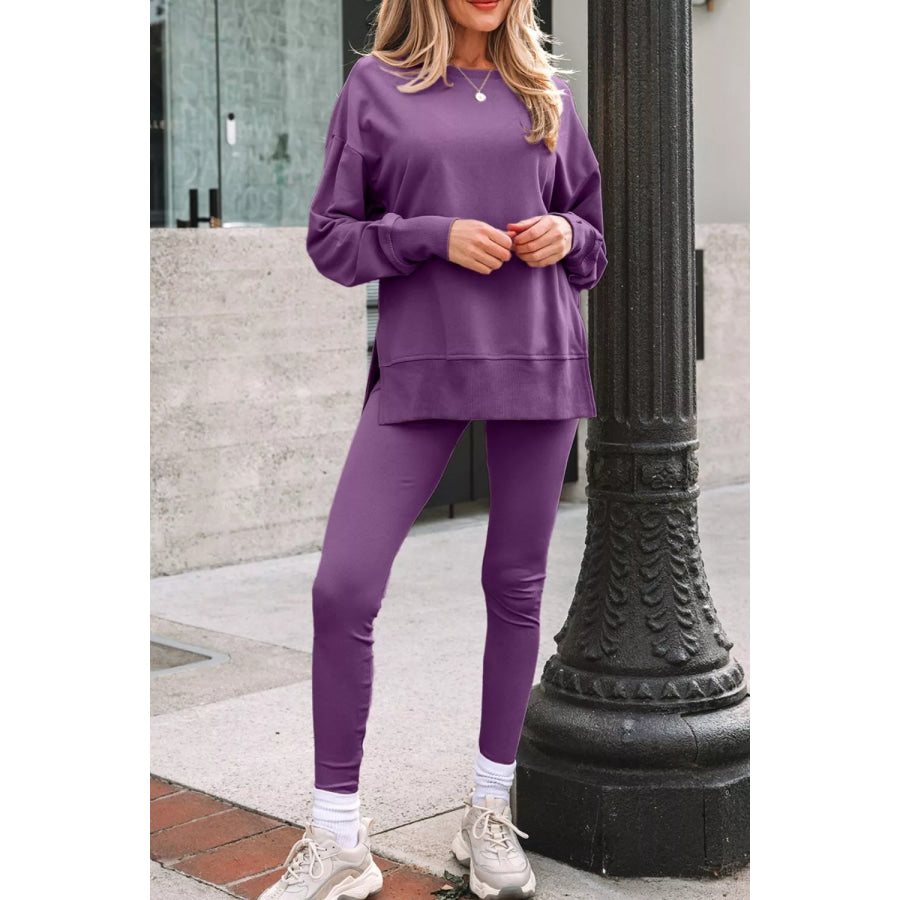 Side Slit Long Sleeve Sweatshirt and Pants Set Mauve / S Apparel Accessories