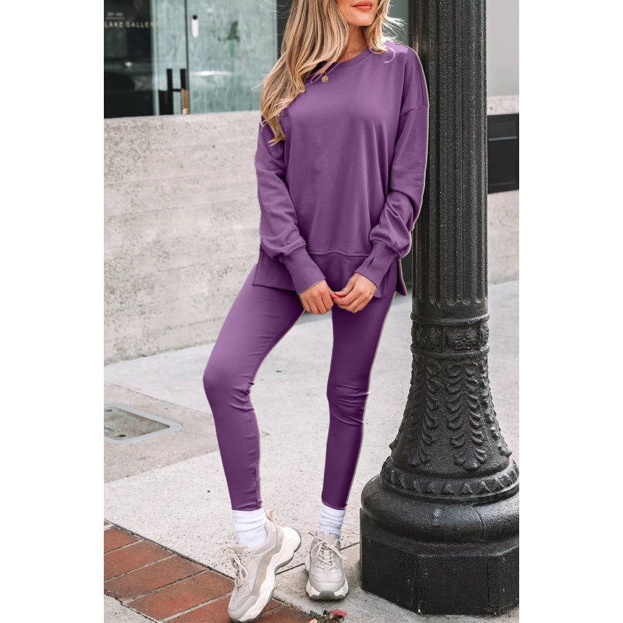 Side Slit Long Sleeve Sweatshirt and Pants Set Mauve / S Apparel Accessories