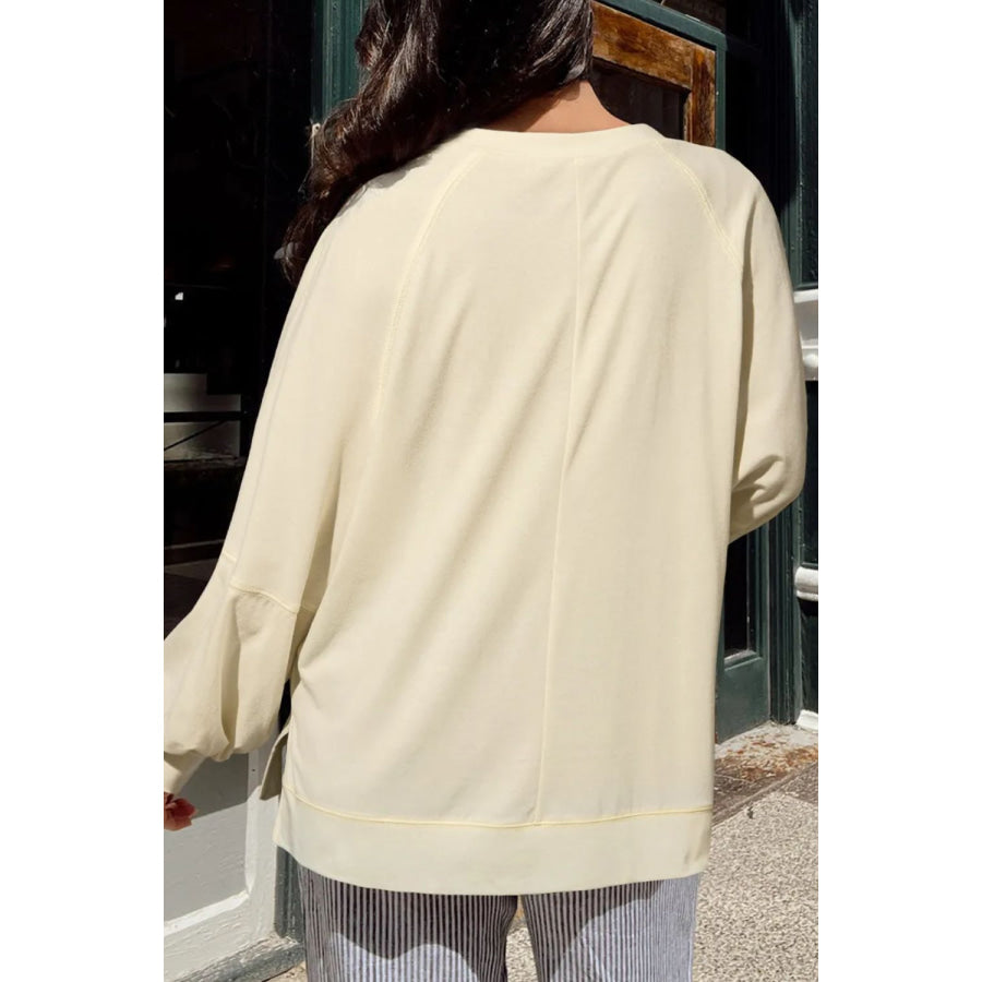 Side Slit Notched Long Sleeve Top Light Yellow / S Apparel and Accessories