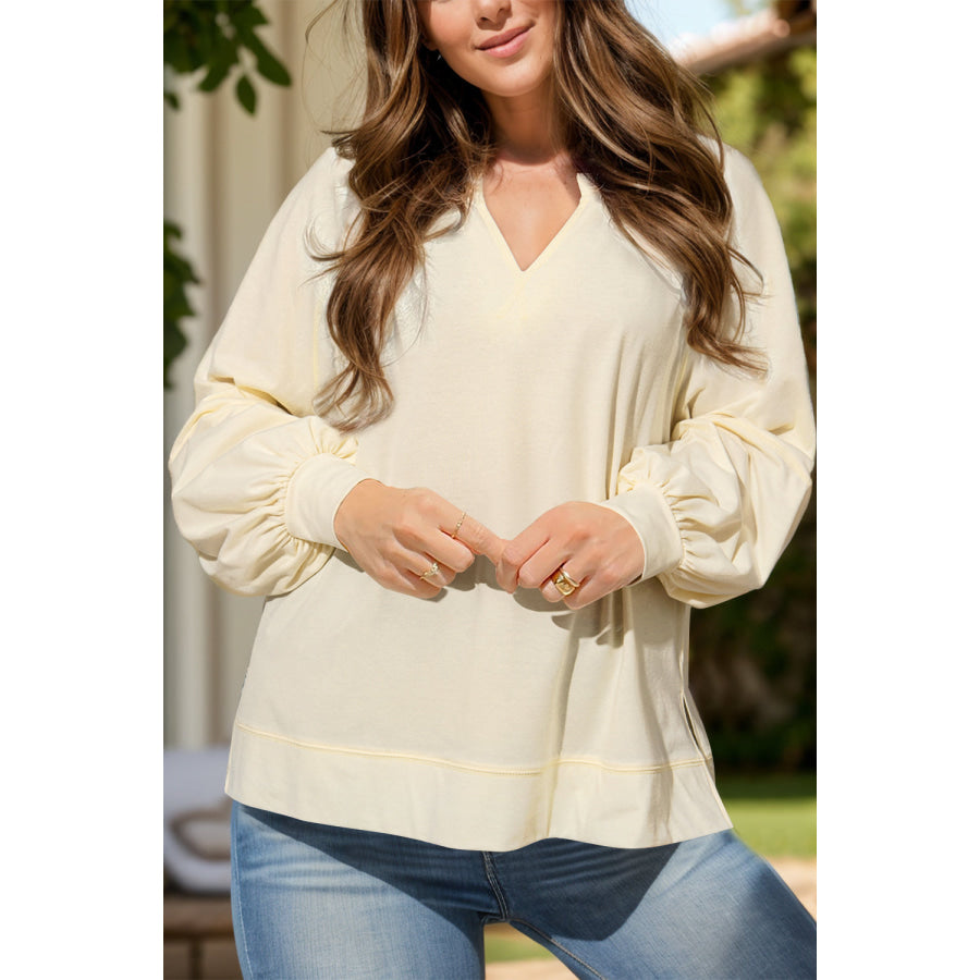 Side Slit Notched Long Sleeve Top Light Yellow / S Apparel and Accessories