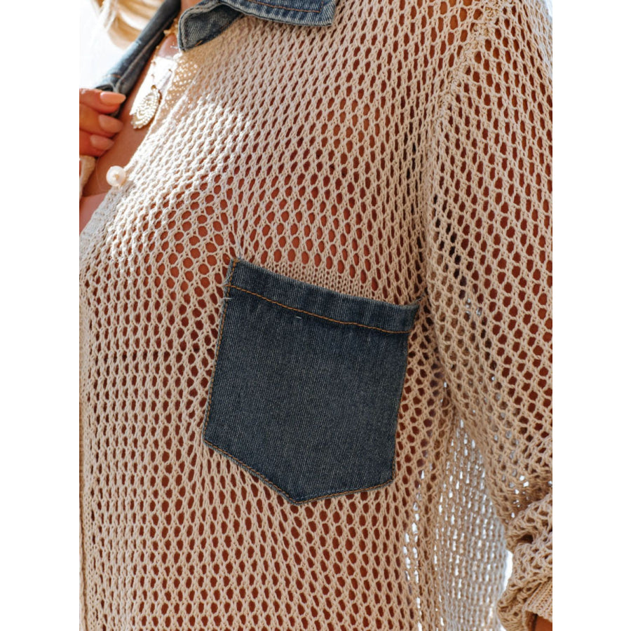 Side Slit Openwork Collared Neck Cover-Up Apparel and Accessories