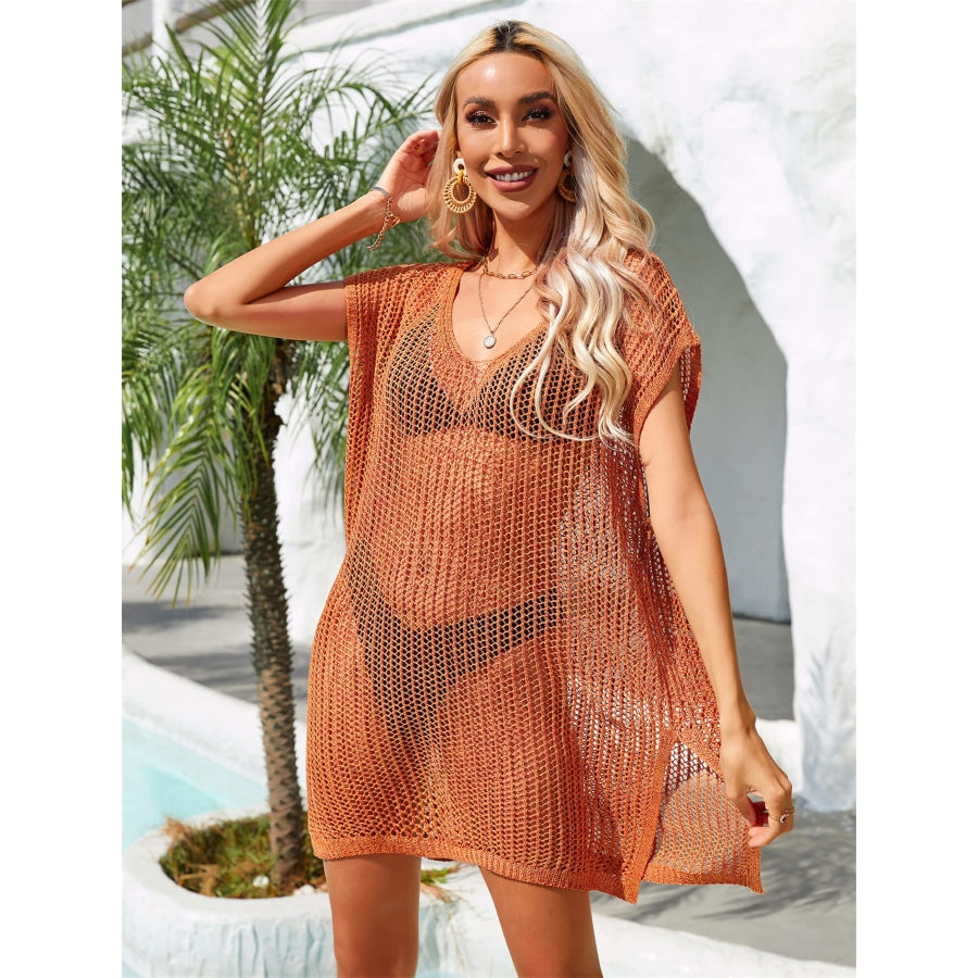 Side Slit Plunge Openwork Cover-Up Tangerine / One Size