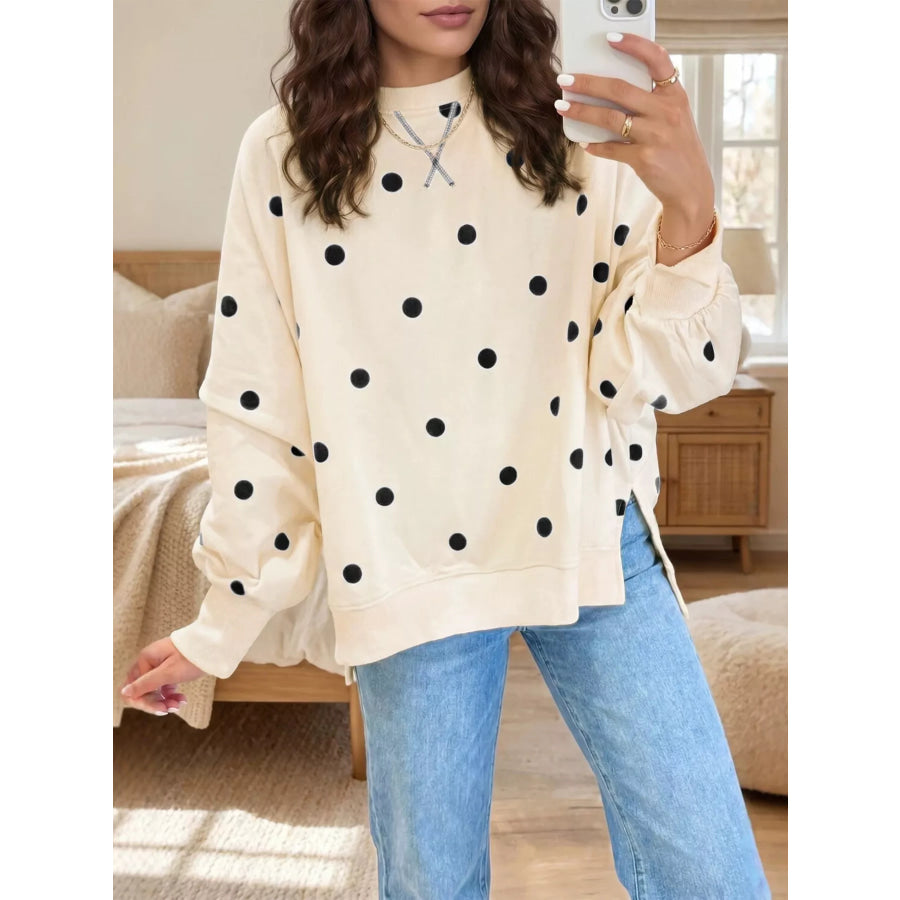 Side Slit Polka Dot Oversized Sweatshirt Tan / S Apparel and Accessories