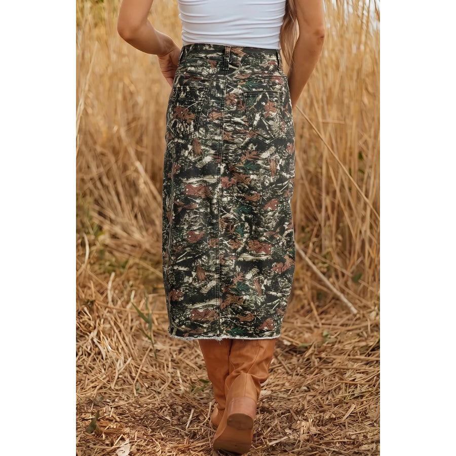 Side Slit Printed Denim Midi Skirt Apparel and Accessories