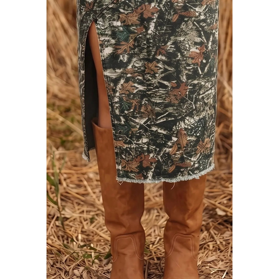 Side Slit Printed Denim Midi Skirt Apparel and Accessories