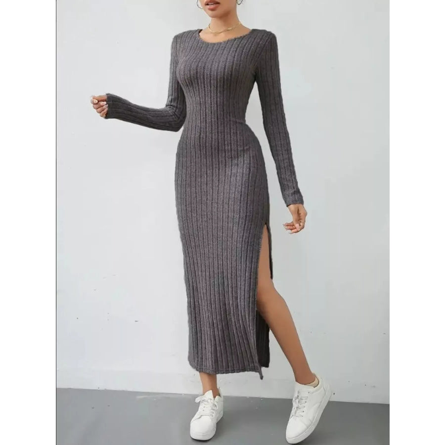Side Slit Ribbed Knit Dress Dark Gray / XS Apparel and Accessories