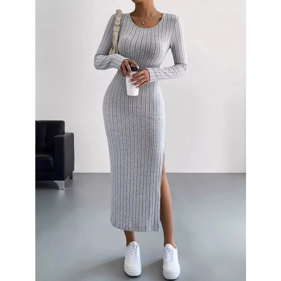 Side Slit Ribbed Knit Dress Light Gray / XS Apparel and Accessories