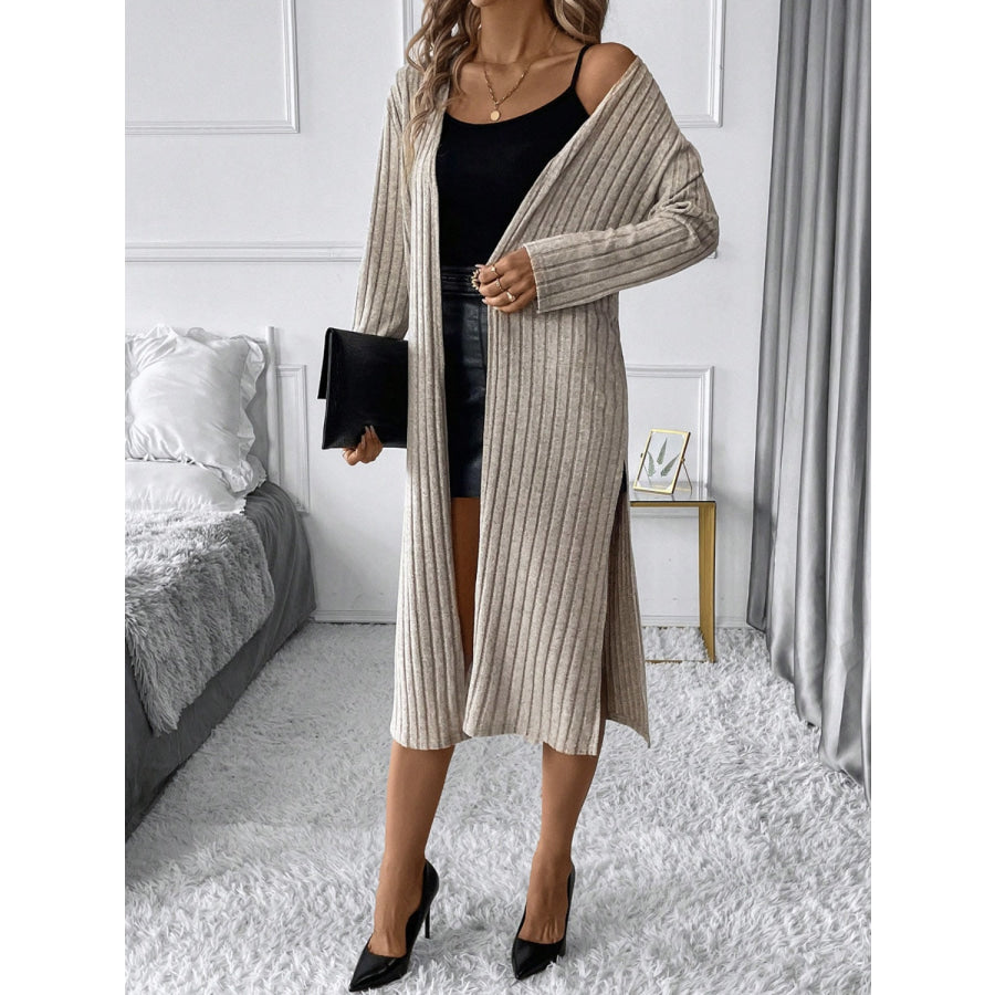 Side Slit Ribbed Open Front Cardigan Apparel and Accessories