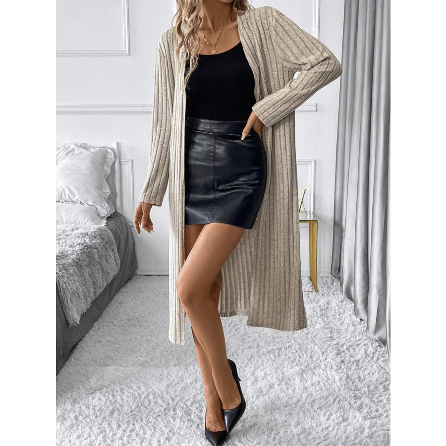 Side Slit Ribbed Open Front Cardigan Apparel and Accessories