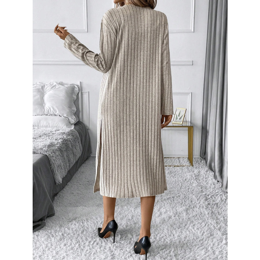 Side Slit Ribbed Open Front Cardigan Apparel and Accessories