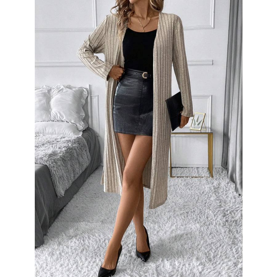 Side Slit Ribbed Open Front Cardigan Mocha / S Apparel and Accessories