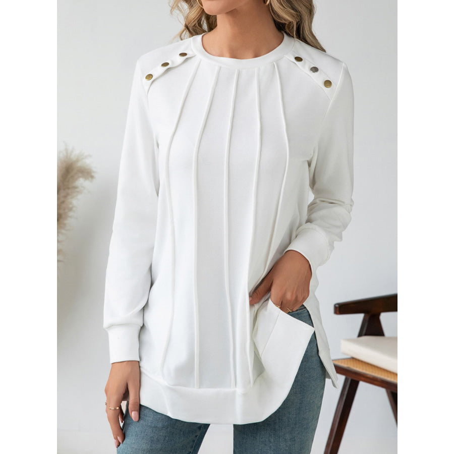 Side Slit Round Neck Long Sleeve Blouse Apparel and Accessories